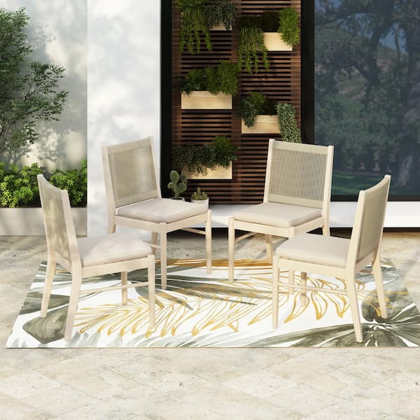 Outdoor Patio Bleach Acacia Wood Dining Chairs (Set of 4), Beige Cushion Plus Grey Rope