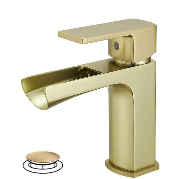 Single Handle Single Hole Bathroom Faucet with Drain Included, Waterfall Bathroom Faucet in Brushed Gold