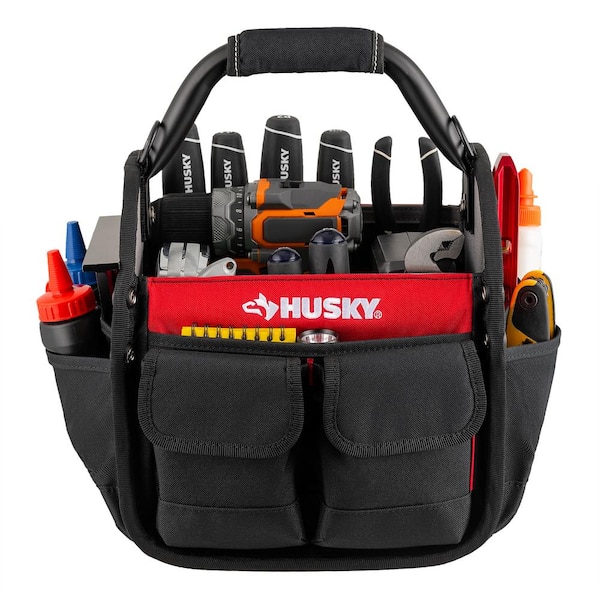 10 inch Open Top All-Purpose Weather Resistant Tool Tote Bag in Red with 15 pockets and rotating handle with foam grip 10 inch Open Top All-Purpose Weather Resistant Tool Tote Bag in Red with 15 pockets and rotating handle with foam grip