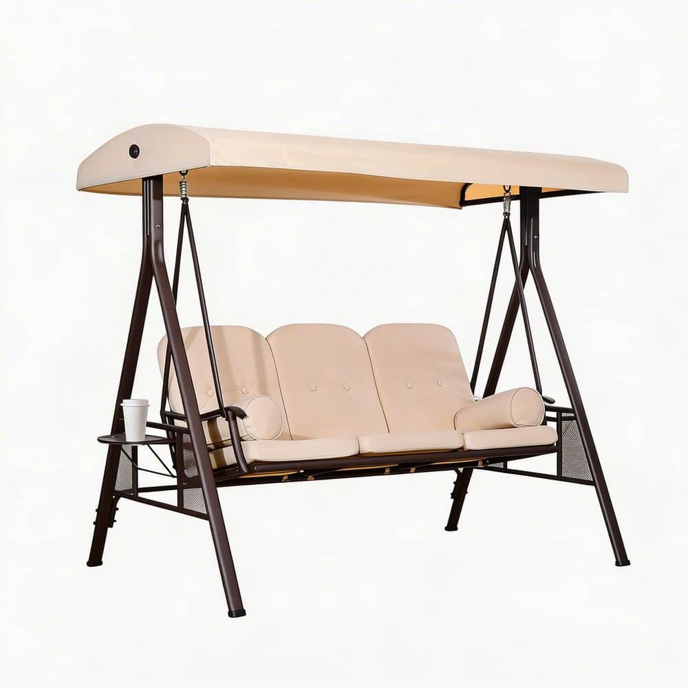 3-Person Brown Steel Patio Swing with Canopy, Side Trays and Beige Cushions durable construction price history on PriceWatchPro