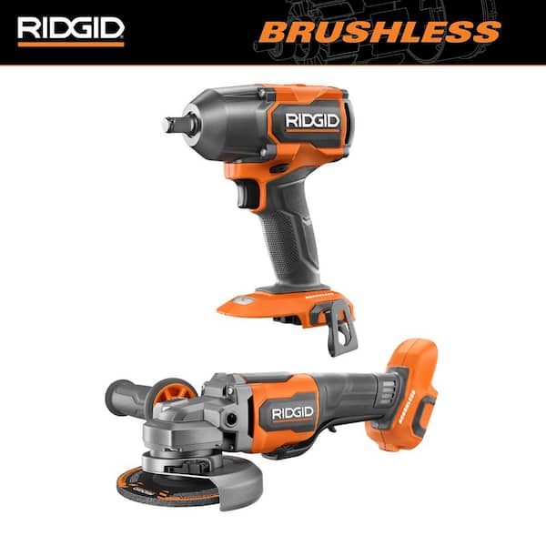 RIDGID 18V Brushless Cordless 2-Tool Combo Kit with Mid-Torque Impact Wrench with Friction Ring and Angle Grinder (Tools Only)