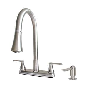 Dual Handle Pull-Down High Spout Kitchen Faucet with Dual Spray Head and Soap Dispenser in Stainless Steel Finish