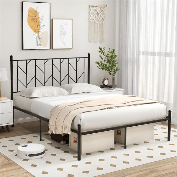 Black Metal Frame Full Size Platform Bed with Vintage Headboard Mattress Foundation