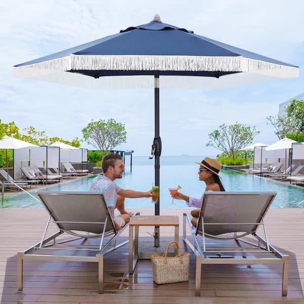 7.38 ft. Outdoor Patio Wood Beach Umbrella With Tassel in Navy Blue