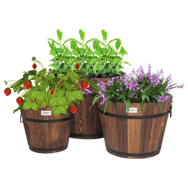 VINGLI Wooden Planter Barrel Set Real Wood Rustic Flower Pot with