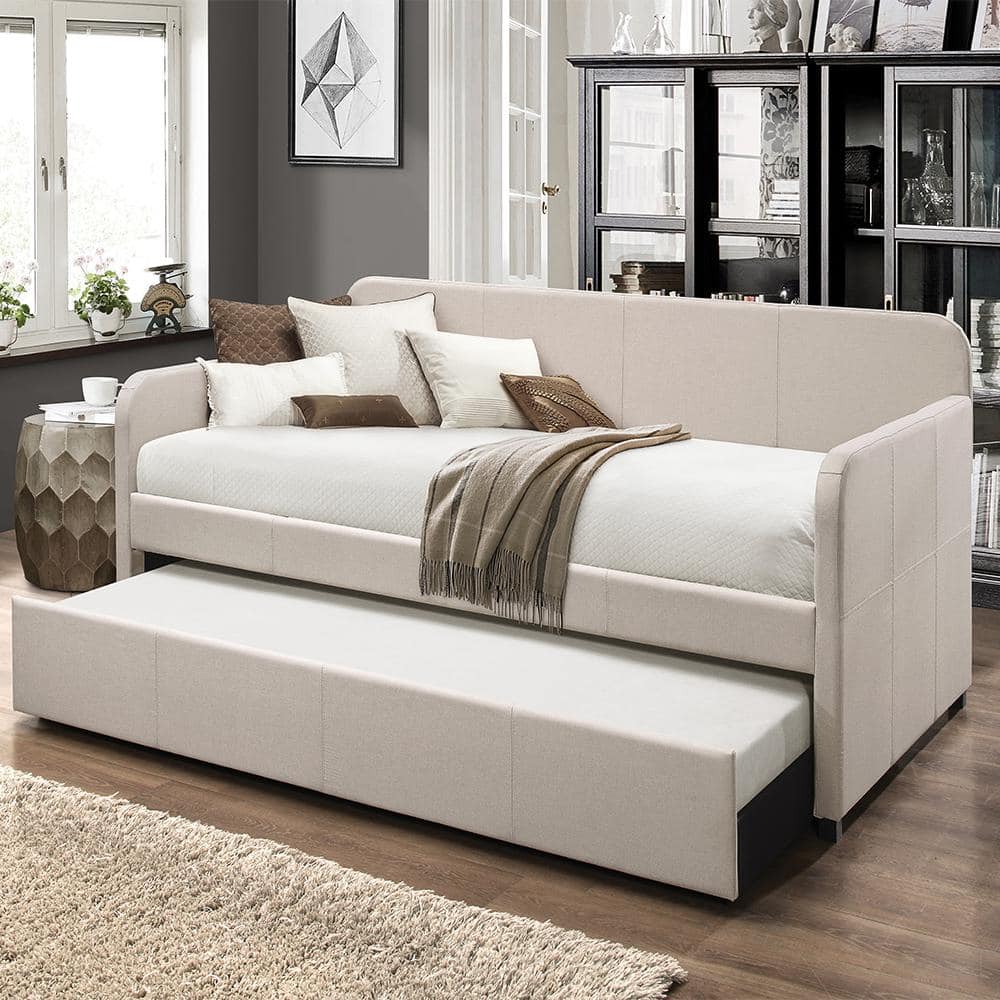 Beige Twin Upholstered Wood Frame Daybed with Trundle
