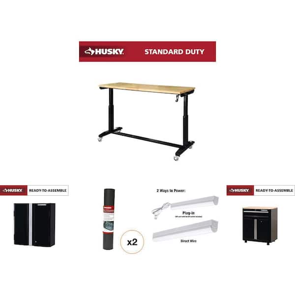Black Steel Cabinets with Wood Top Workbench, LED Strip Light and Premium Drawer Liner Garage Workstation Set (5-Piece)