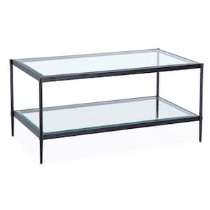 43 in. Black Large Rectangle Glass Coffee Table with Storage Shelf