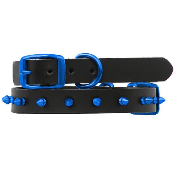 Platinum Pets 15 in. Black Genuine Leather Dog Collar in Blue Spikes