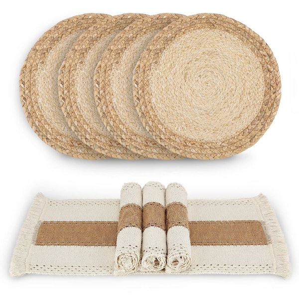 12 in. x 0.1 in. Linen Handmade Boho Placemats, Burlap and Water Straw Woven Combination Table Mats, Brown (4-Pack)
