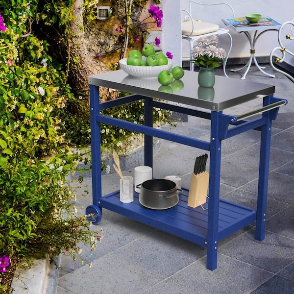 Navy HDPE Outdoor Prep Cart Dining Table for Pizza Oven, Patio All