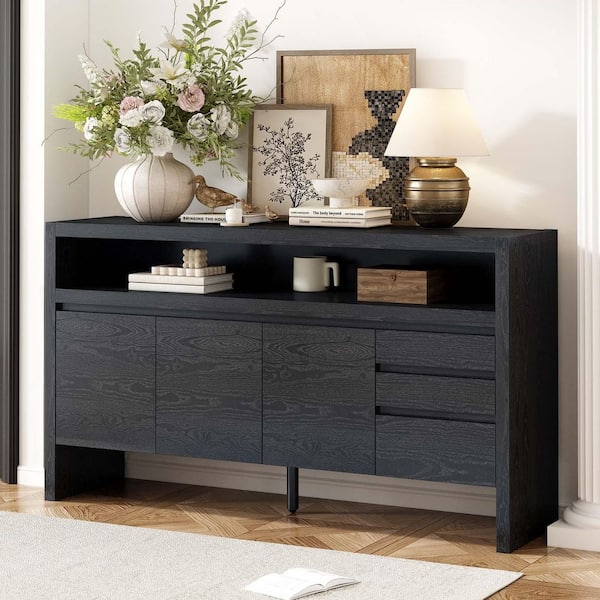 Black MDF 60 in. Modern Sideboard Buffet Storage Cabinet Mid