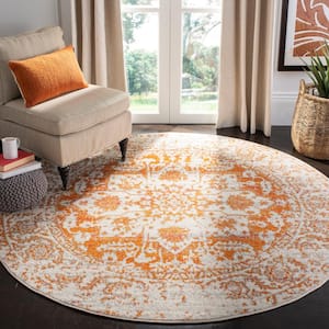 Madison Orange/Ivory 8 ft. x 8 ft. Geometric Border Floral Medallion Round Area Rug