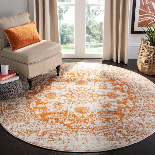 Madison Orange/Ivory 9 ft. x 9 ft. Geometric Border Floral Medallion Round Area Rug