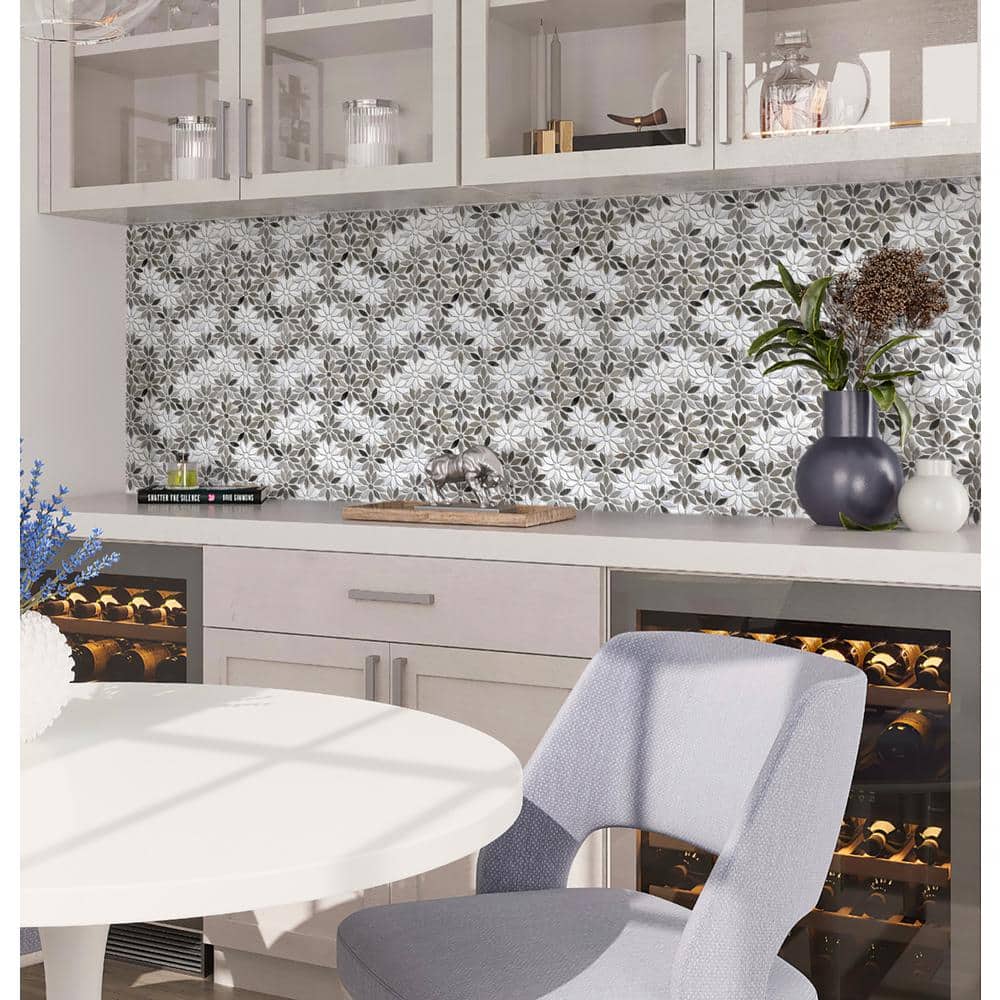 Gray and White Floral Polished Marble Mosaic Tile