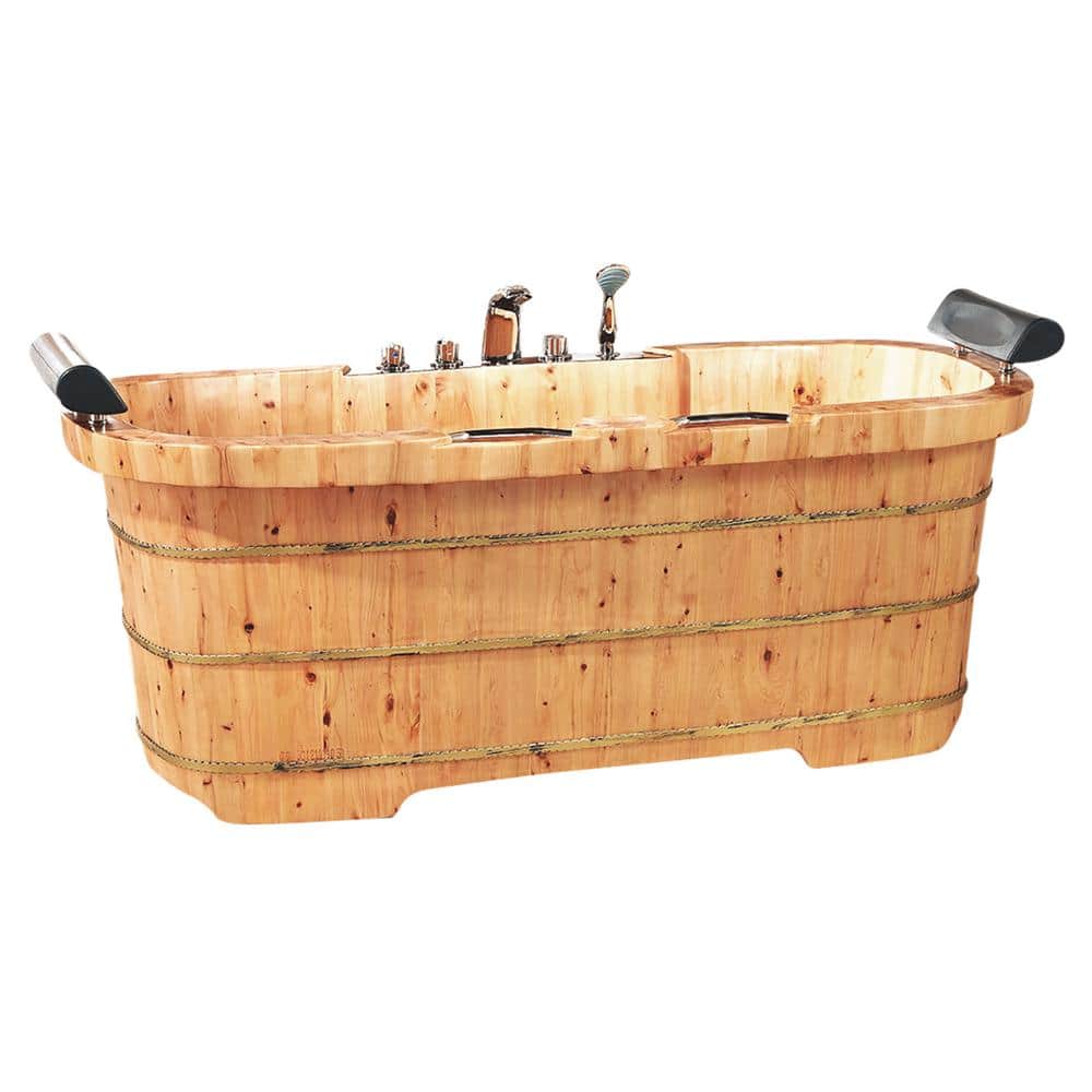 65'' Natural Cedar Wood Freestanding Soaking Bathtub with Fixtures