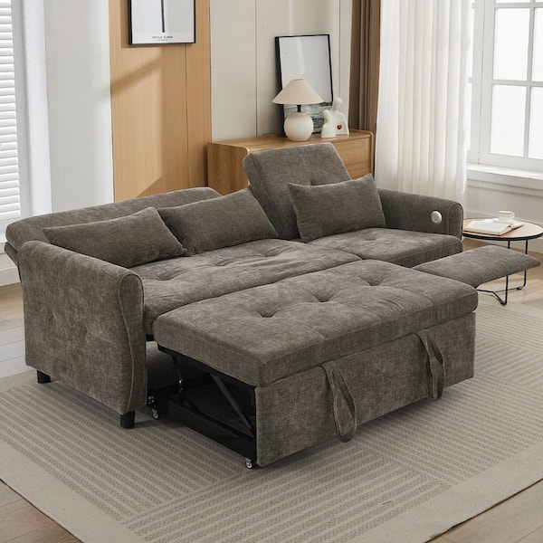 Grey 2-in-1 82 in. Rectangle Convertible Chenille Queen Size Sofa Bed with Reversible Recliner, Dual USB Charging