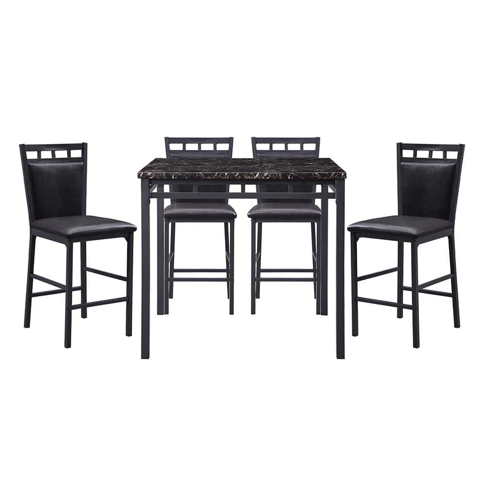 Dover 5-Piece Black Faux Marble Top Bar Table Set Seats 4