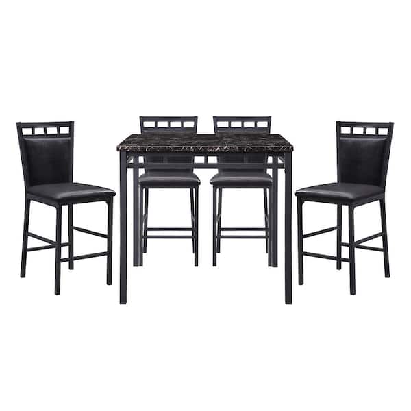 Lazzara Dover 5-Piece Black Faux Marble Top Bar Table Set Seats 4