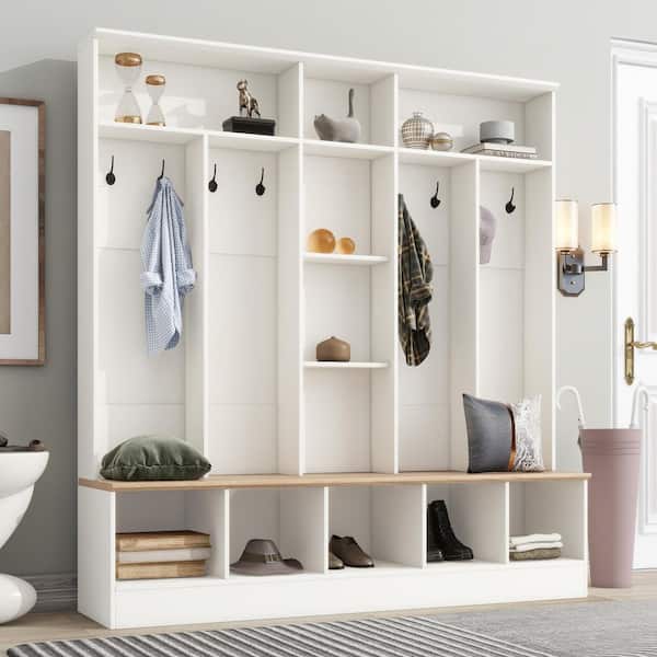 Lamb Multifunctional 4-in-1 White Entryway Hall Tree with Shoe Storage Bench, Display Shelves, and Hooks