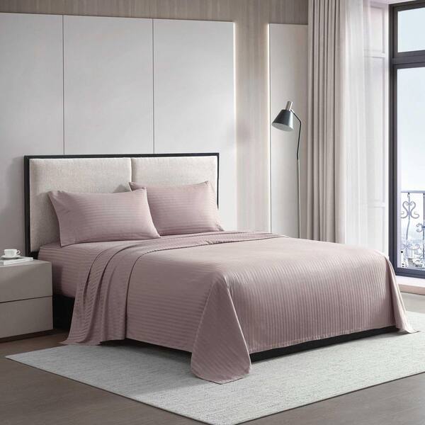 VERA WANG Dobby Stripe 4-Piece Dusk Pink Cotton Queen Sheet Set