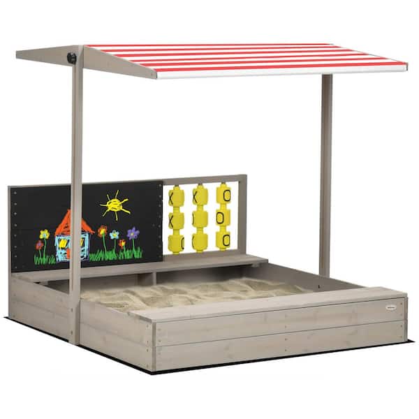 Unbranded 3.7 ft. W x 3.8 ft. L Adjustable Canopy Wooden Sandbox with Bench, Lid, Games and Drawing, Bottomless Design