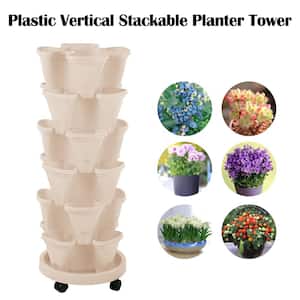6-Tier White Plastic Vertical Stackable Planter Tower with Removable Wheels, Indoor Outdoor Gardening Pots (24-Pots)