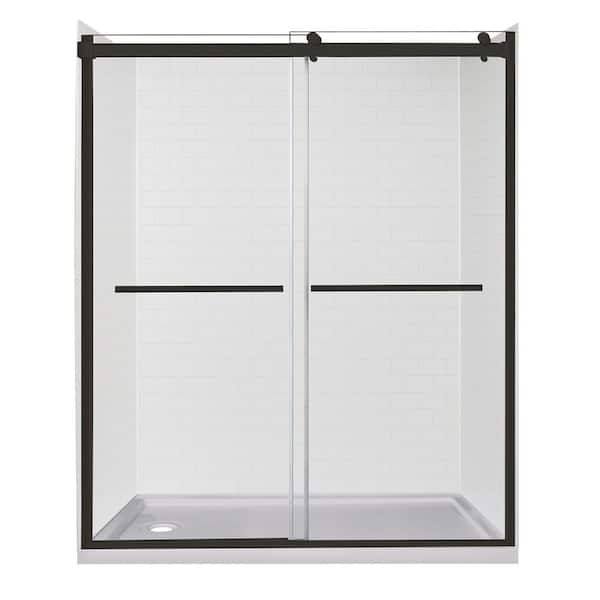 CRAFT + MAIN Lagoon Dbl Roller 60 in L x 32 in W x 78 in H Left Drain Alcove Shower Stall Kit in White Subway and Matt Black Hardware
