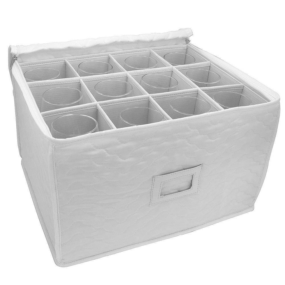 Beige Quilted Fabric Stemware Storage Chest with Dividers