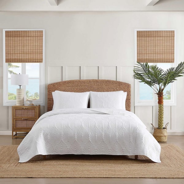Line Palm 3-Piece White Full/Queen Cotton Quilt Set