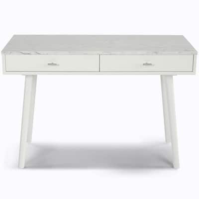 Viola 44 in. Rectangular Carrara White Wood 2-Drawer Writing Desk with White Legs and Marble Top