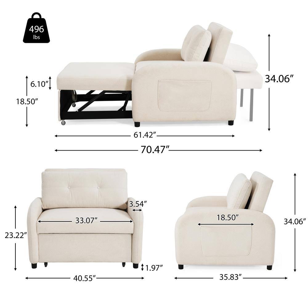 Beige Cotton Linen 3-in-1 Convertible Sleeper Sofa Chair