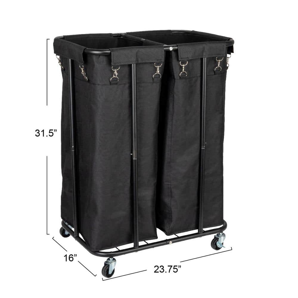Black Metal 2-Bag Rolling Laundry Sorter with Wheels