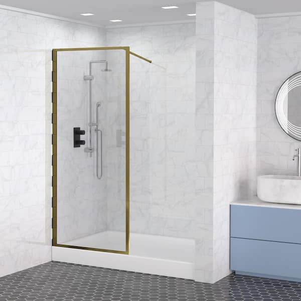 Maincraft 34 in. W x 74 in. H Fixed Frameless Shower Enclosure in Gold with Clear Glass