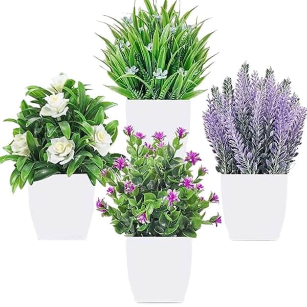 3.10 in. H 4 Pack Small Artificial Potted Plants with Flowers for Home Office Decor