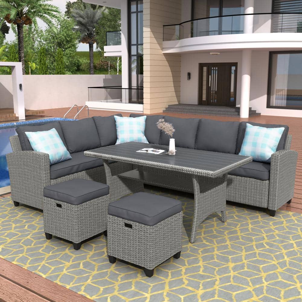 5-Piece Wicker Rectangle Outdoor Dining Table Set with Gary Cushion, Ottoman and Pillows