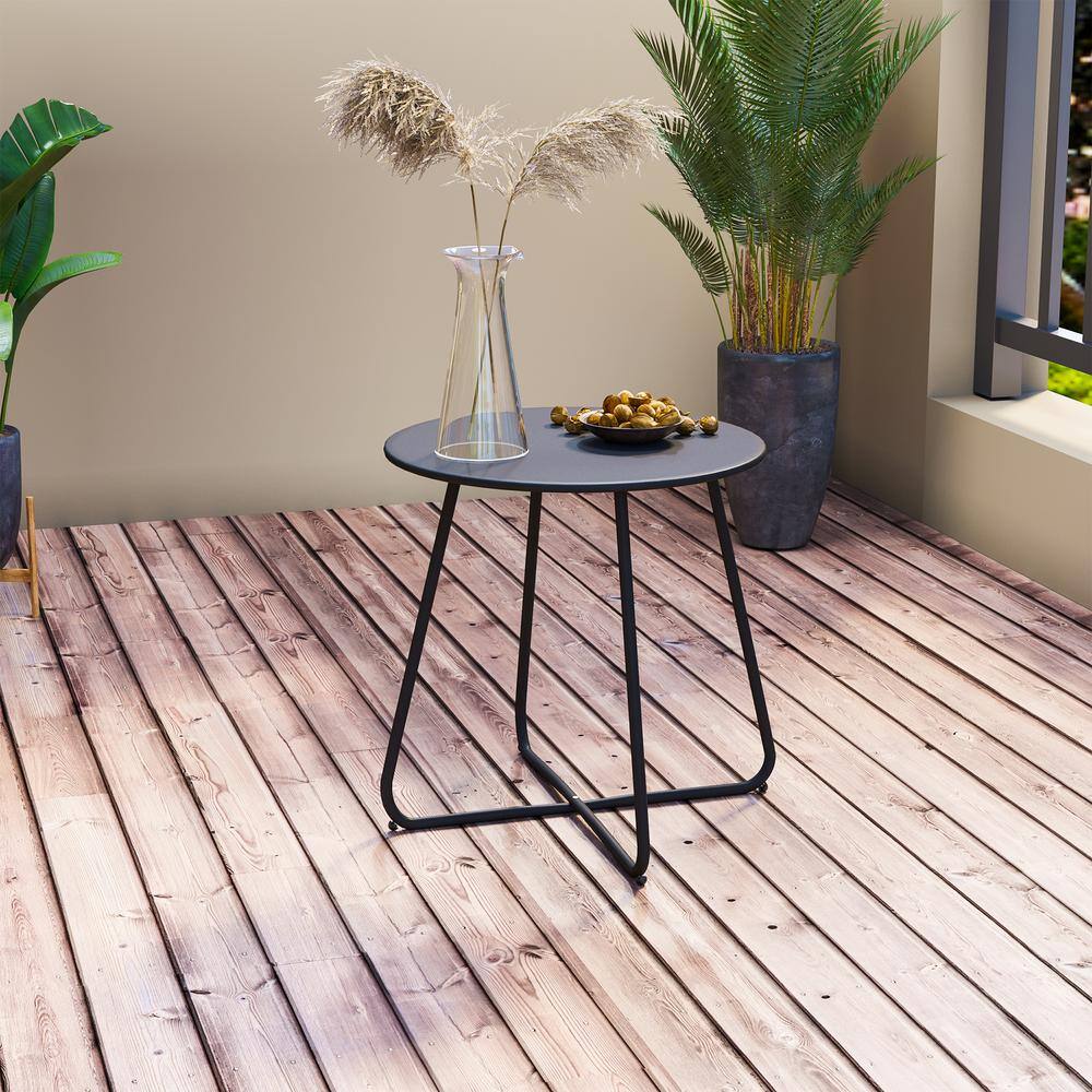Black Round Steel Patio Side Table with Adjustable Feet