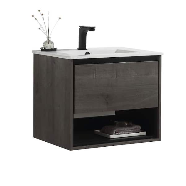 JimsMaison Eimi 24 in. W x 18 in. D x 20 in. H Bathroom Vanity Side Cabinet in Plaid Grey Oak with White Ceramic Top