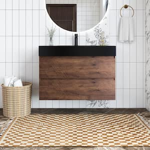 36 in. W x 18 in. D x 25 in. H Single Sink Wall Mounted Bath Vanity in Walnut with Black Quartz Sand Top