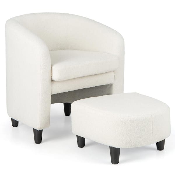 Gymax Beige Soft Teddy Velvet Modern Barrel Chair with Footrest Anti-slip Felt Pads