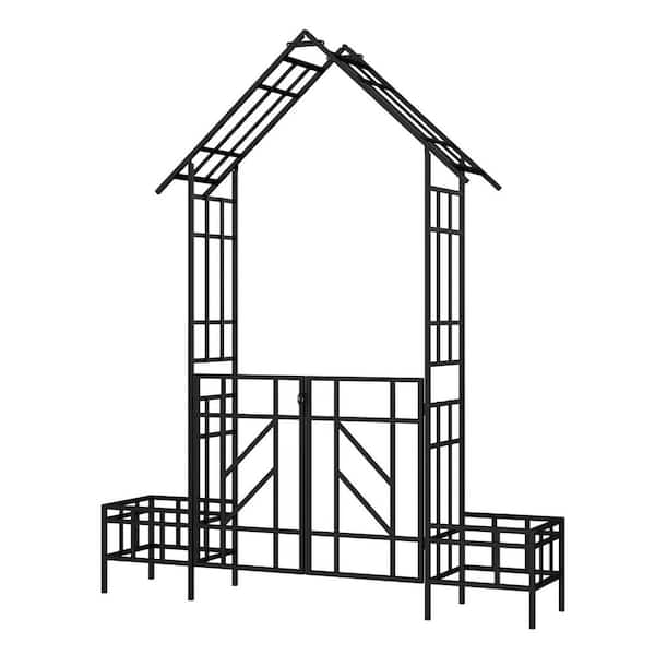 97.24 in. x 80.71 in. Black Iron Anti-Rust Garden Arbor with Planter and Gate, Climbing Plants Support Rose Arch