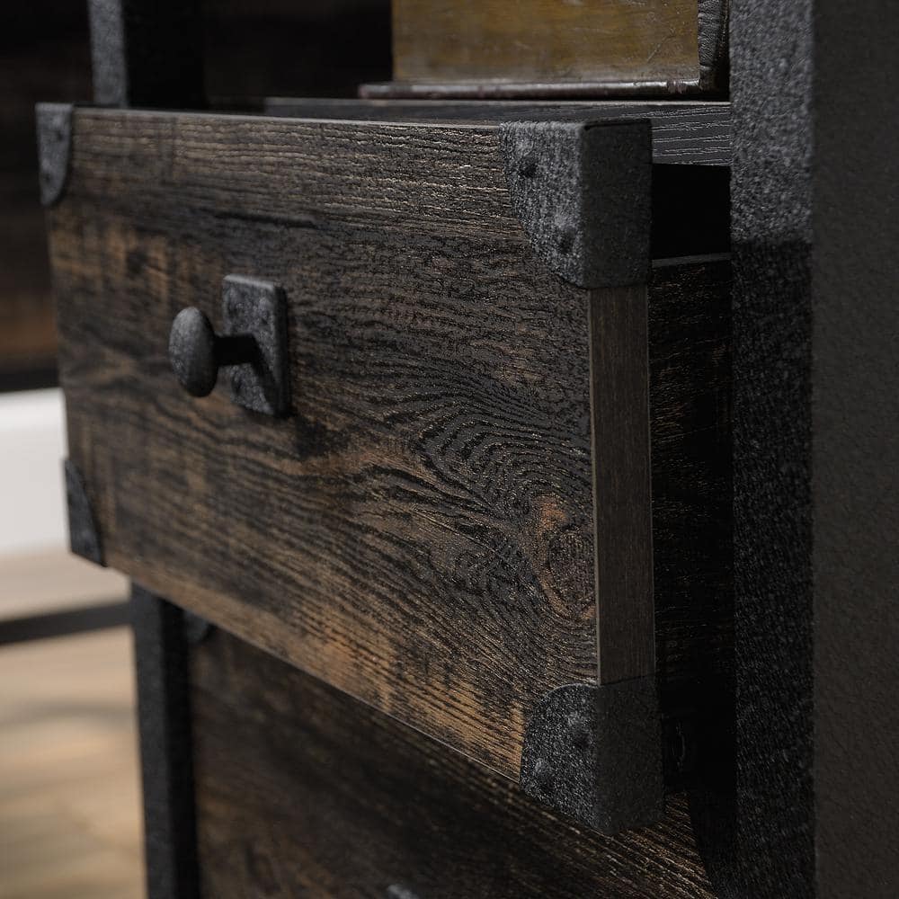 Carbon Oak and Black Industrial L-Shaped Desk with File Storage