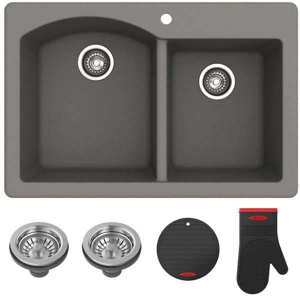 KRAUS Forteza 33 in. Drop-In/Undermount 60/40 Double Bowl Grey Granite Composite Kitchen Sink