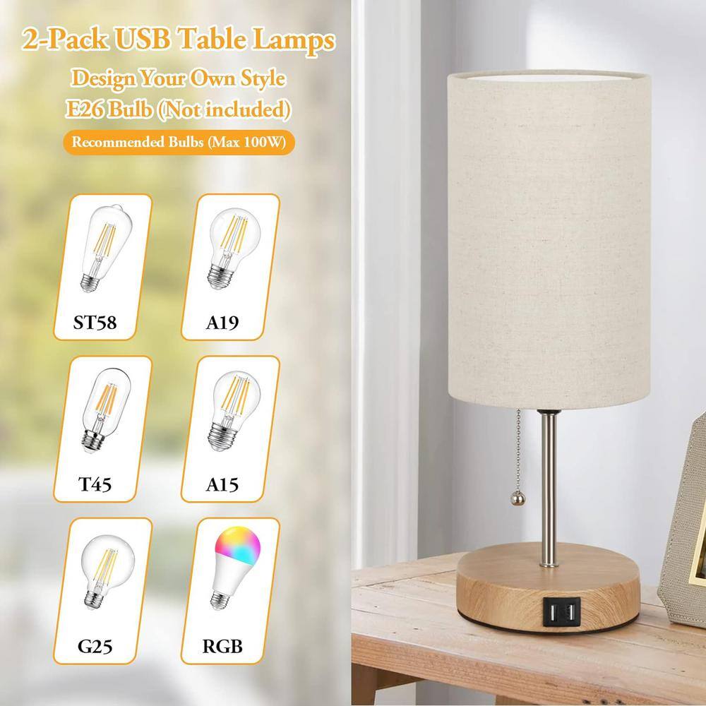 Set of 2 Beige Linen Cylinder Bedside Lamps with USB Ports