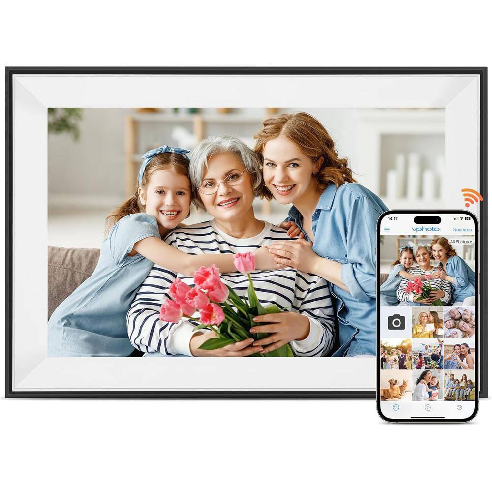 10.1 in. Digital Picture Frame with Touch Screen, 32GB Storage and Auto-Rotate in Black and White