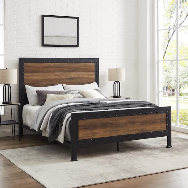 radiator nep Primitief Walker Edison Furniture Company Rustic Home Rustic Oak Queen Size Metal Bed  Frame with Wood Accents HDQAWRO - The Home Depot
