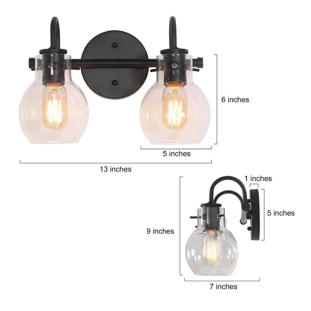 13" Black Metal Vanity Light with Clear Glass Globe Shades