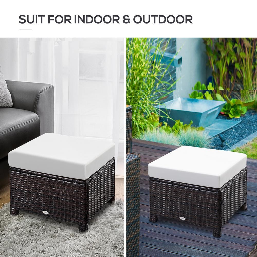 Handwoven PE Rattan 52cm Outdoor Ottoman with Cream Soft Cushion