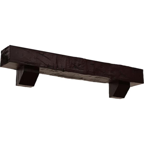 Ekena Millwork 4 in. x 4 in. x 5 ft. Hand Hewn Faux Wood Fireplace Mantel Kit with Ashford Corbels, Premium Cherry