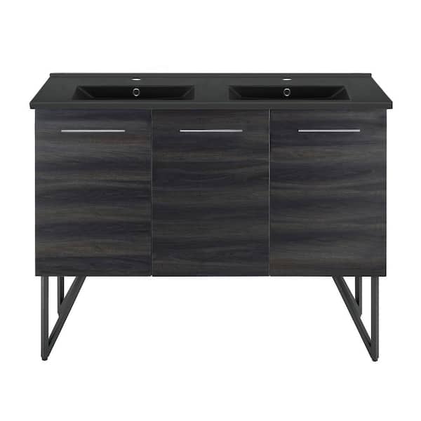 Swiss Madison Annecy 48 in. Double Basin Bathroom Vanity in Black Walnut with Black Ceramic Sink Top